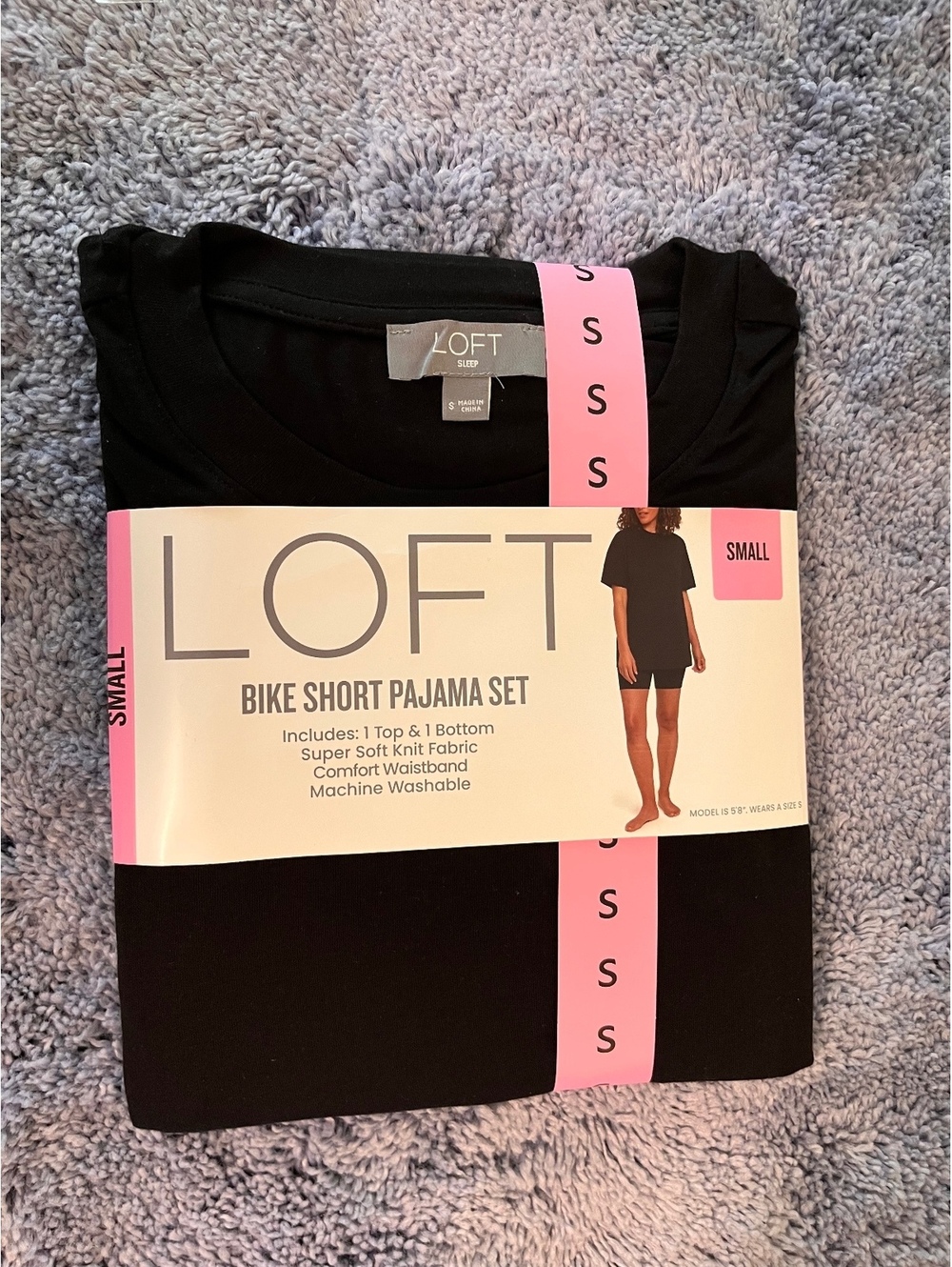 LOFT Sleep Bike Short Pajama Set - Small, Black, Soft Knit Fabric, Includes Top
